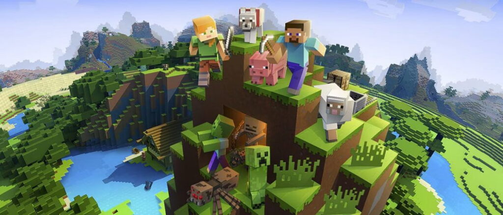 a panorama of landscape and characters from Minecraft
