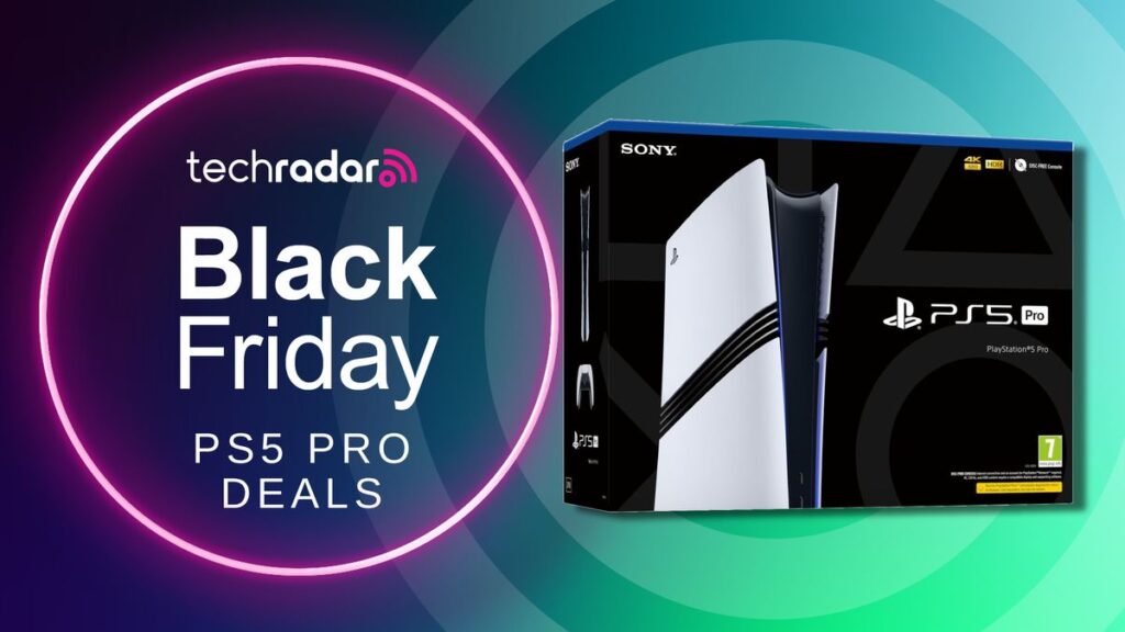 A PS5 Pro box on a green and blue background with white Black Friday PS5 Pro deals text