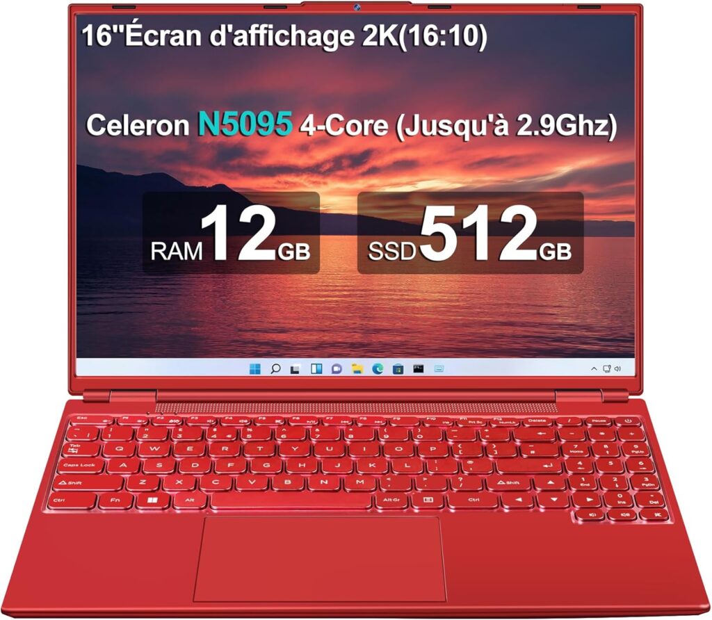 Ordinateur Portable Gaming 16 Pouces, Win 11 4 cœurs Celeron N5095 (jusqu'à 2,9 GHz) 12 + 512 Go Soutien Extension 1TB PC Portable, Laptop avec 1920x1200 Écran 2K 2.4+5G WiFi 2,5" HDD Mini HDMI-Rouge