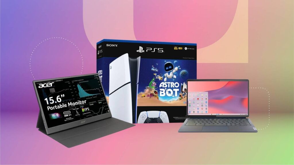 A portable monitor, PlayStation 5 console box and open Chromebook against a pink gradient CNET background.